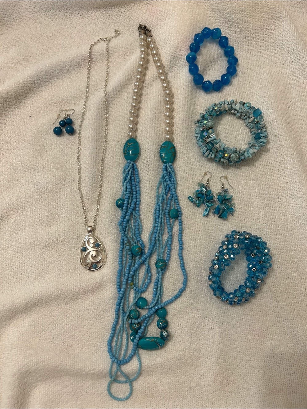 Costume jewelry lot #6 Blue Multi-Strand Beaded Necklace and Earring Sets